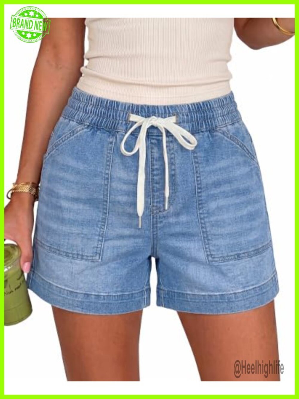 High Waisted Drawstring Denim Jean Shorts Stretchy Pull On 4" Inseam